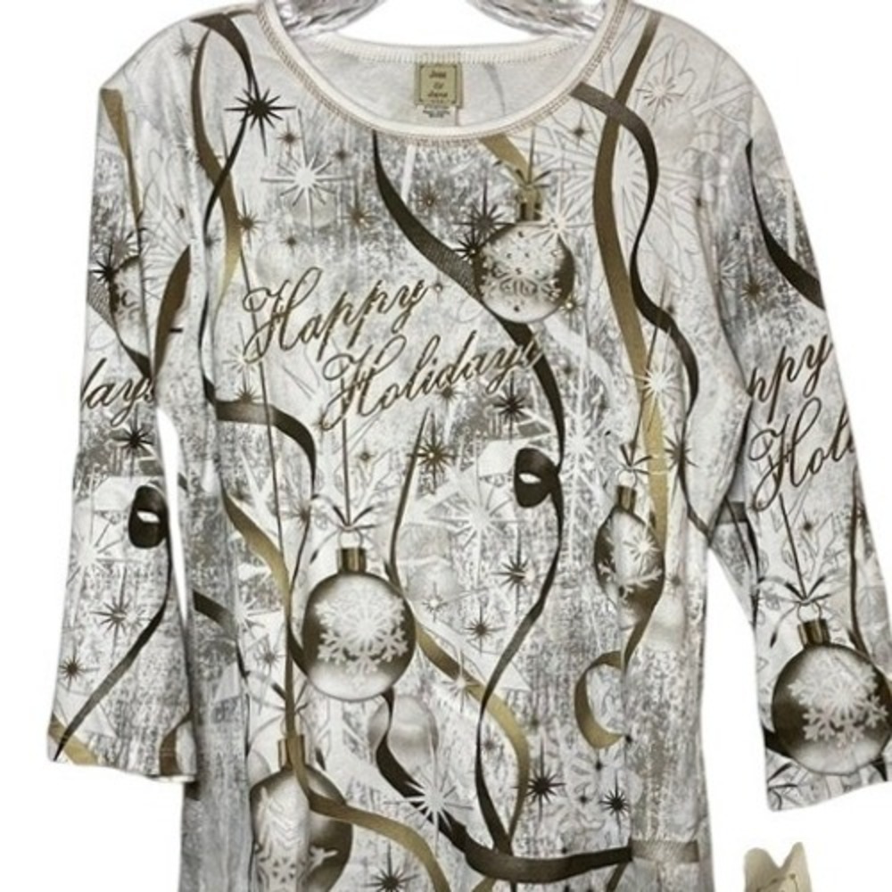 NWT Jess & Jane Happy Holidays Winter Christmas 3/4 Sleeve Blouse MD Ornaments
